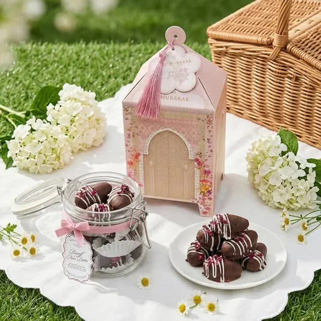 A pink house-shaped Momma Jakarta hamper with chocolate-dipped cookies